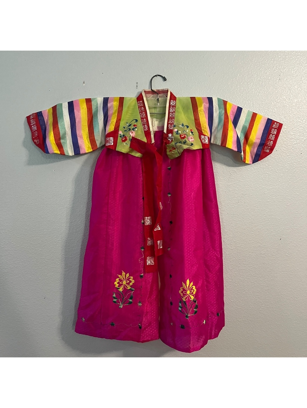 Vintage Korean Girls Hanbok Saekdong Rainbow Sleeve Embroidered Pink Chima